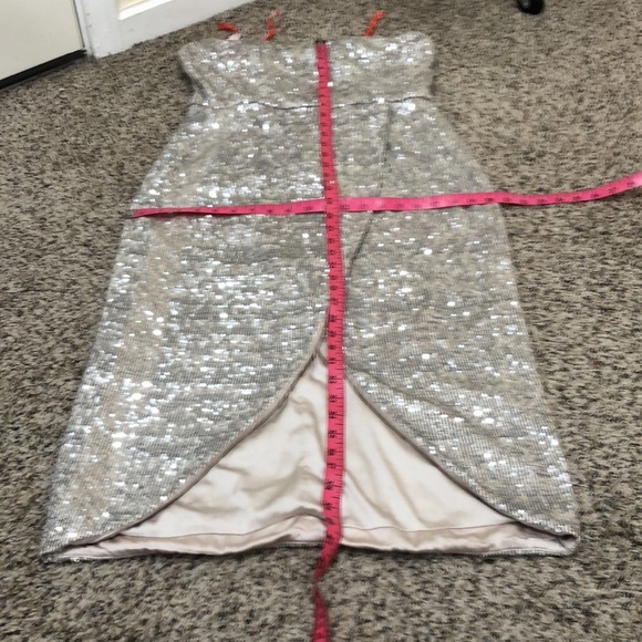 Monique Lhullier Midi Dress Size 12 Champagne Beige Silver Sequin Strapless Gown - Picture 9 of 9